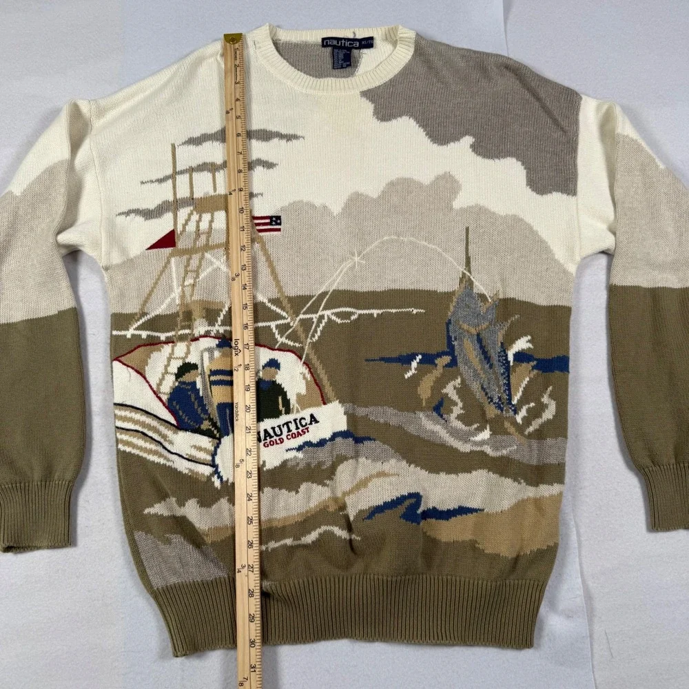 Nautica Vintage 90s Gold Coast Fishing Marlin Intarsia Knit Sweater XL Cotton - Picture 5 of 8